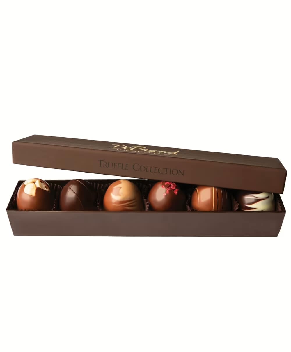 DeBrand 6 pc Truffle popular assortment and Tart Red Raspberry Tasting Bar - DeBrand Fine Chocolates:  6 pc Truffle popular collection; (some contains nuts) paired with Tart Red Raspberry Tasting bar. 