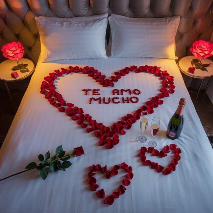 Habitacion llena de amor - Habitacion elaborada con petalos de rosas  rojas champana y copas