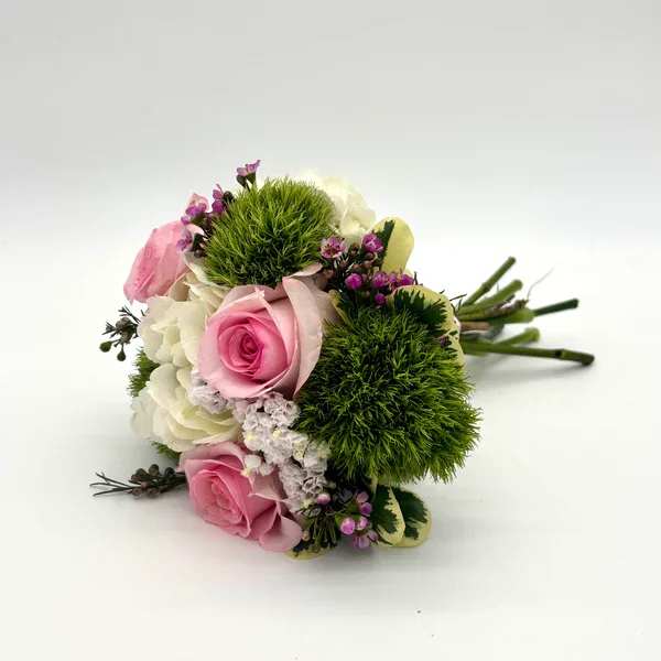 Watermelon Nosegay - Stunning look with a variety of pink, green and white florals. When ordering please specify your choice of satin ribbon color under special instructions or it will be wrapped in a corresponding color. Designers may need to implement substitutions, however will follow the general arrangement style and color theme. Standard price point is pictured.