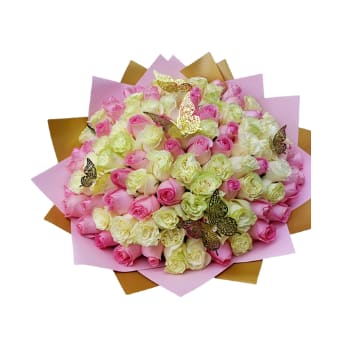 Bucho bouquet of 100 roses -  Bucho bouquet of 100 mixed white and light pink roses, wrapped and decorated with Korean paper (white, pink, purple) depending on your request. 