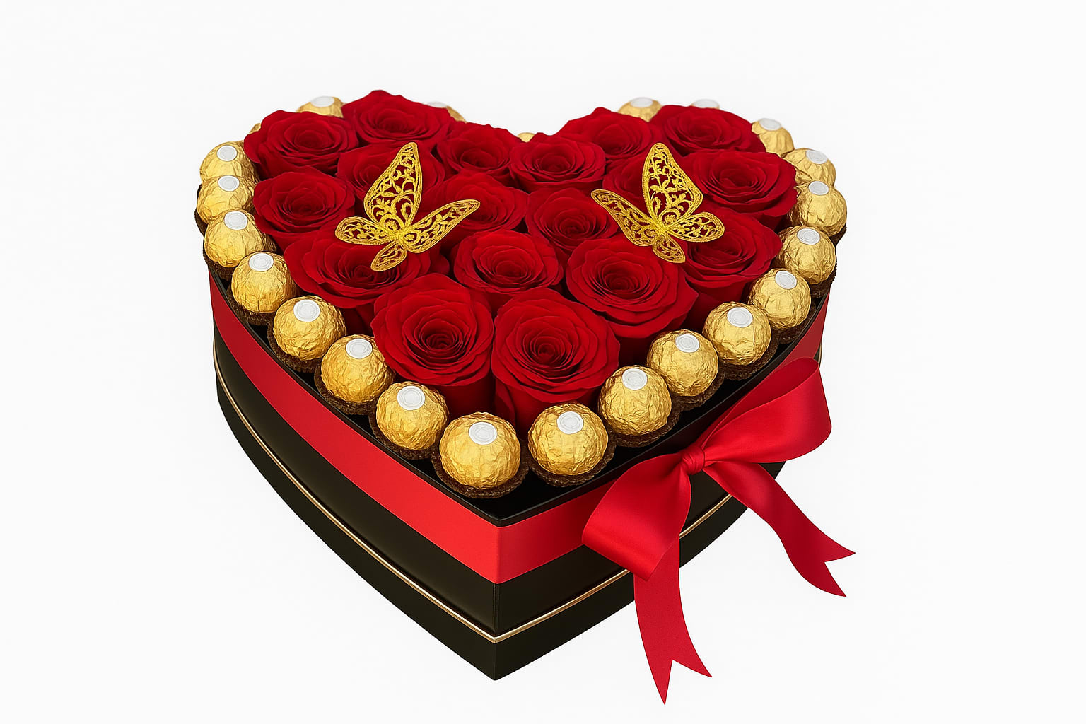 Elegance Heart Box  -  Elegance Heart Box is the perfect fusion of romance and indulgence. A luxurious arrangement of velvety red roses sits gracefully within a heart-shaped box, encircled by golden Ferrero Rocher chocolates. Delicate golden butterflies add a touch of charm and sophistication, making this gift a true symbol of love and celebration. Ideal for anniversaries, Valentine’s Day, or any occasion where words are not enough, this arrangement speaks straight to the heart.