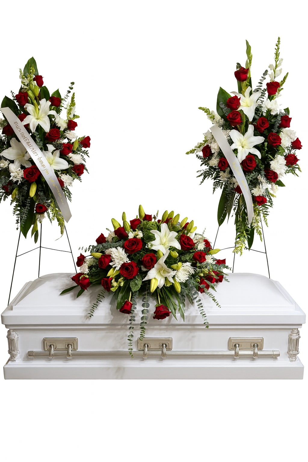 The Eternal Grace Floral - The Eternal Grace Floral Tribute offers a refined and harmonious display of sympathy and remembrance. This premium package includes three coordinated arrangements, thoughtfully designed to honor your loved one with elegance and dignity: 	•	Casket Spray – A full, lush arrangement of classic red roses, white lilies, and seasonal greenery, gracefully placed atop the casket as the centerpiece of the service. 	•	Standing Sprays (Set of Two) – Complementary arrangements displayed on each side of the casket, featuring the same timeless blooms of roses, lilies, and chrysanthemums for a balanced and unified presentation.  Each design is crafted with meticulous attention to detail, creating a serene atmosphere of love, respect, and eternal remembrance.  Customization Available: This tribute can be tailored to your preferences. Alternative color palettes and flower selections are available upon request—please include your desired colors or special instructions in the Florist Notes section at checkout 