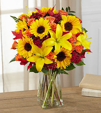 Sunflowers, lilies, mums  - Vase of bright and cheerful sunflowers, lilies, mums 