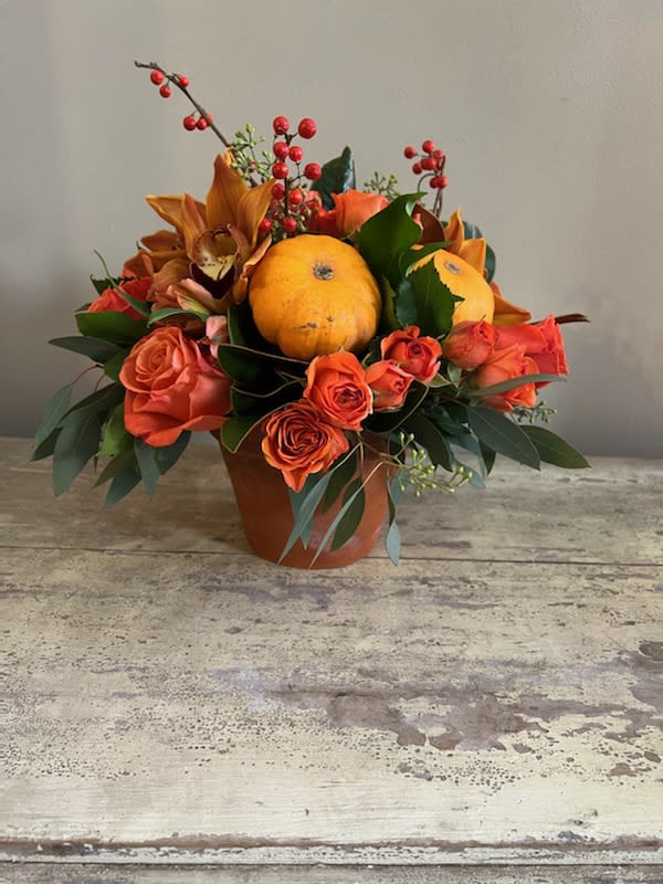 Pumpkin and Spice  - A beautiful fall arrangement in a rustic Terra cotta container 