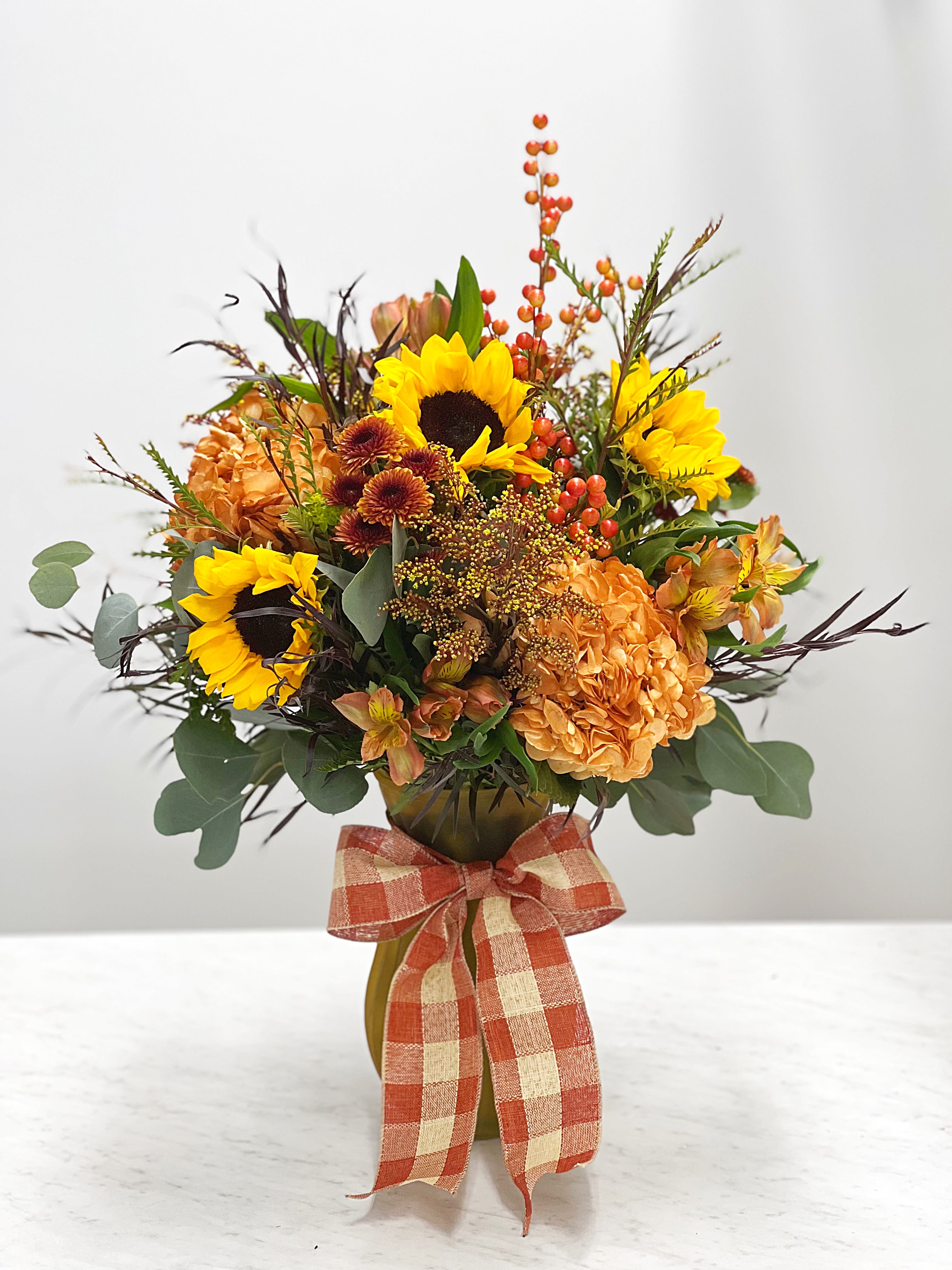 Sunflowers and Fall! Sunflowers and Fall! - Tall vase with sunflowers, hydrangeas, solidego, mums