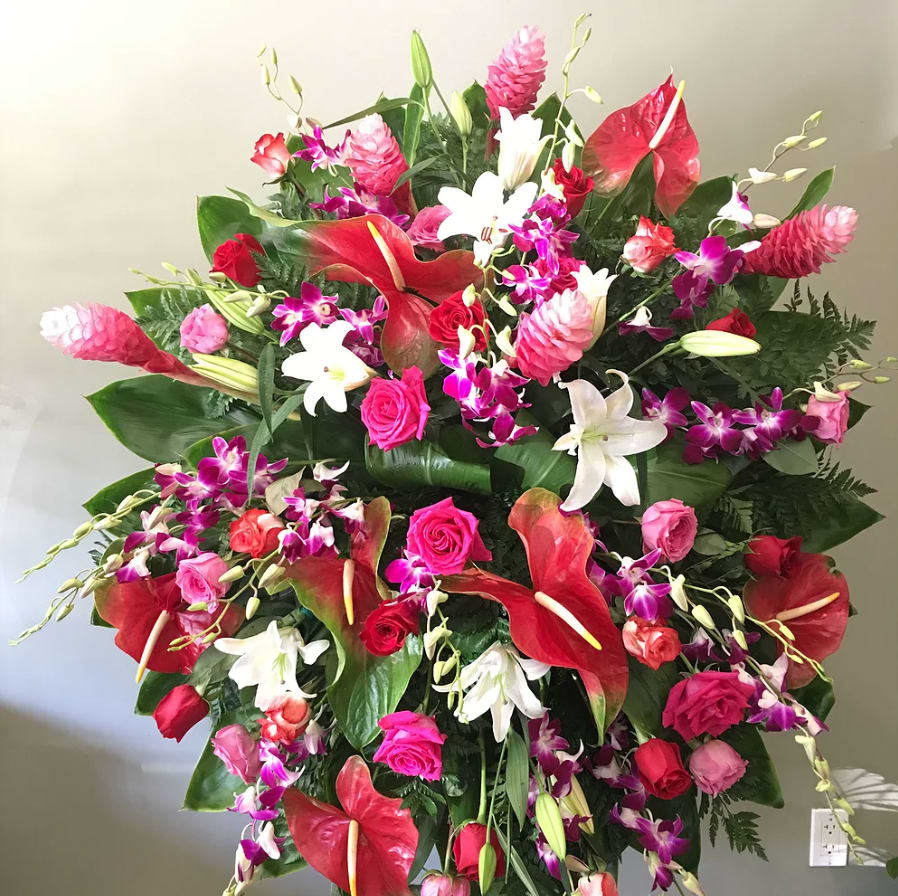 #79 ANTHURIUMS AND SPRING MIX WREATH - anthuriums, gingers, lilies, other spring flowers &amp; orchids (white or purple)  
