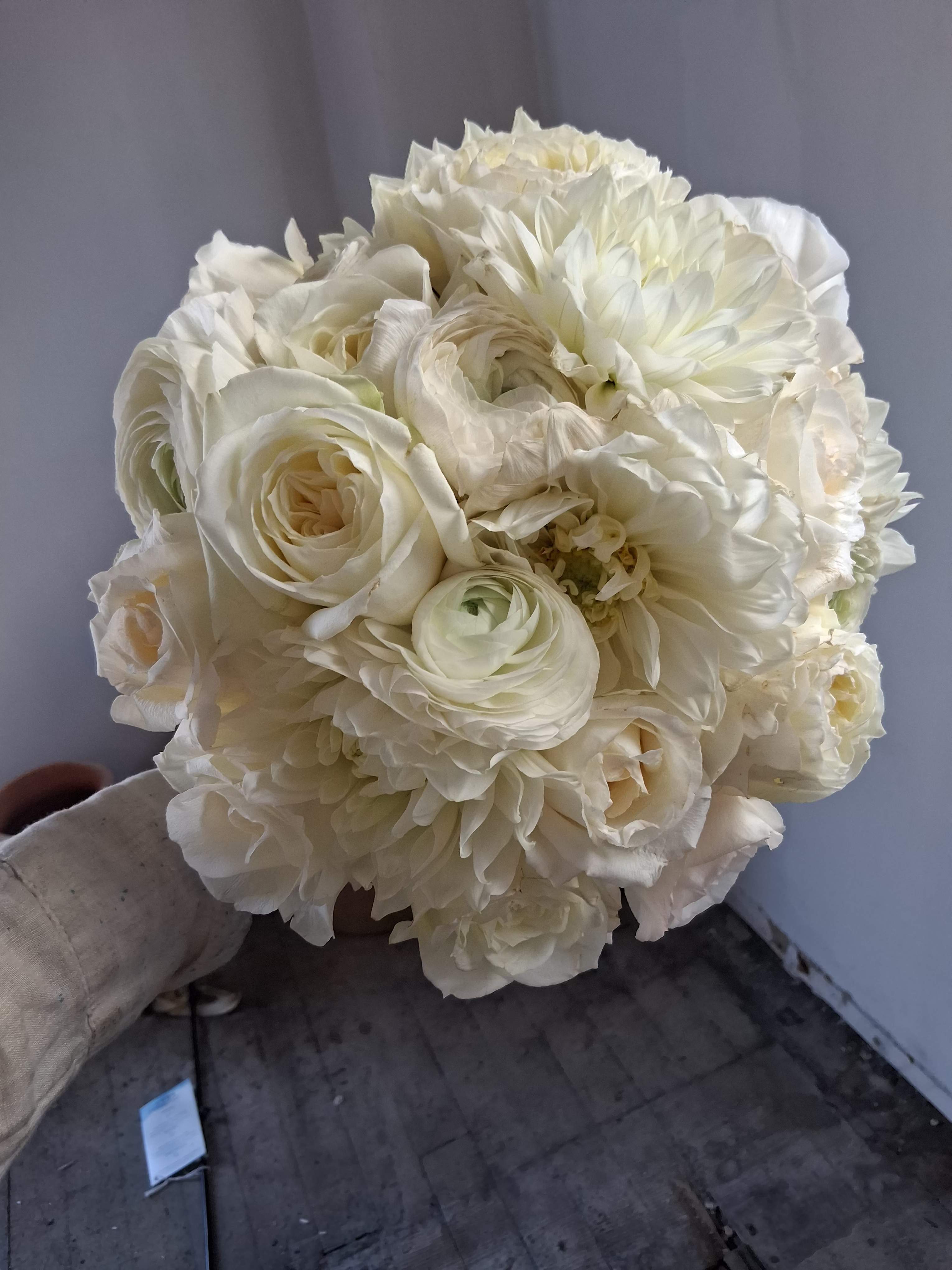 Carly bridal bouquet - Gorgeous pure white classical round bridal bouquet of standard and garden roses, dahlia and ranunculus G