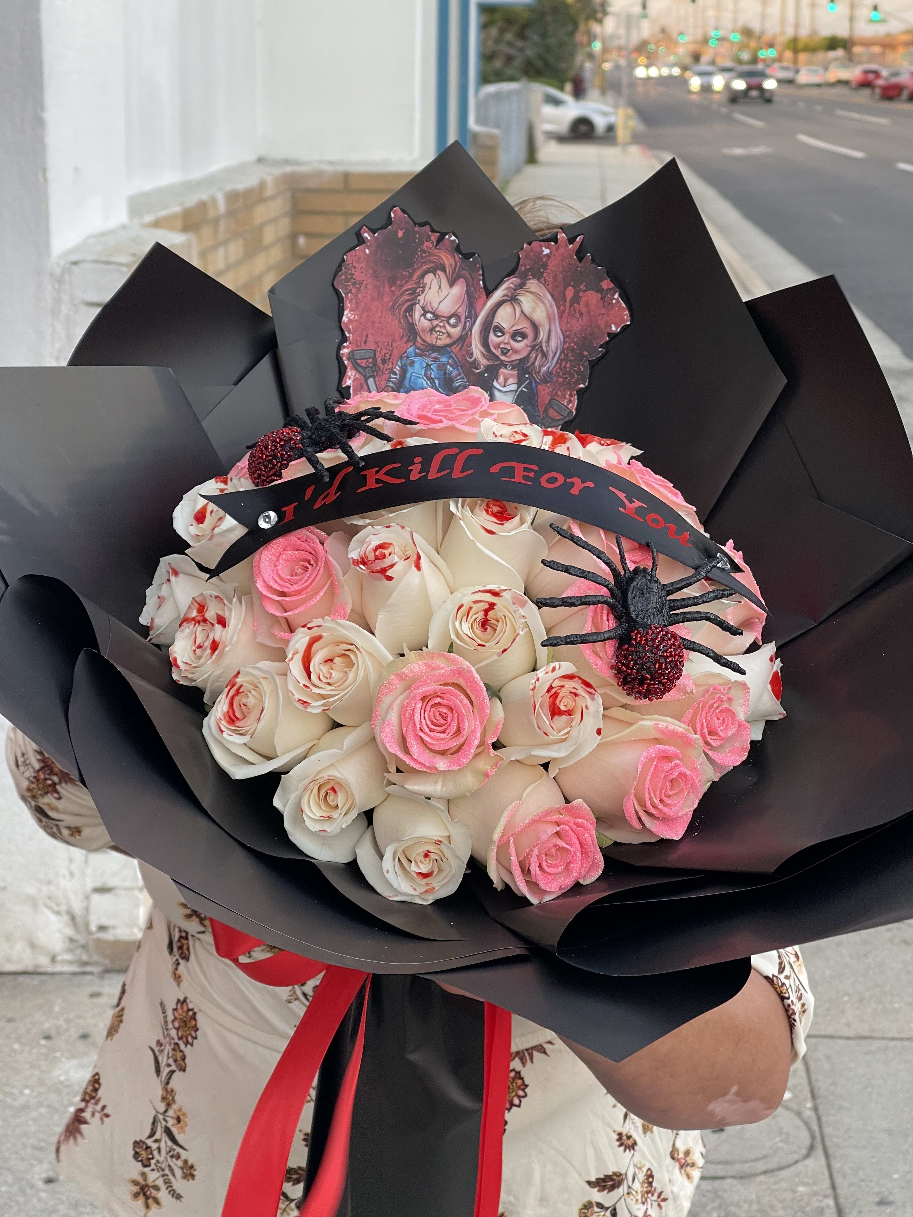 Bride of Chucky Bouquet  - Spook her with this wrapped 3 doz long stem rose bouquet on Halloween 