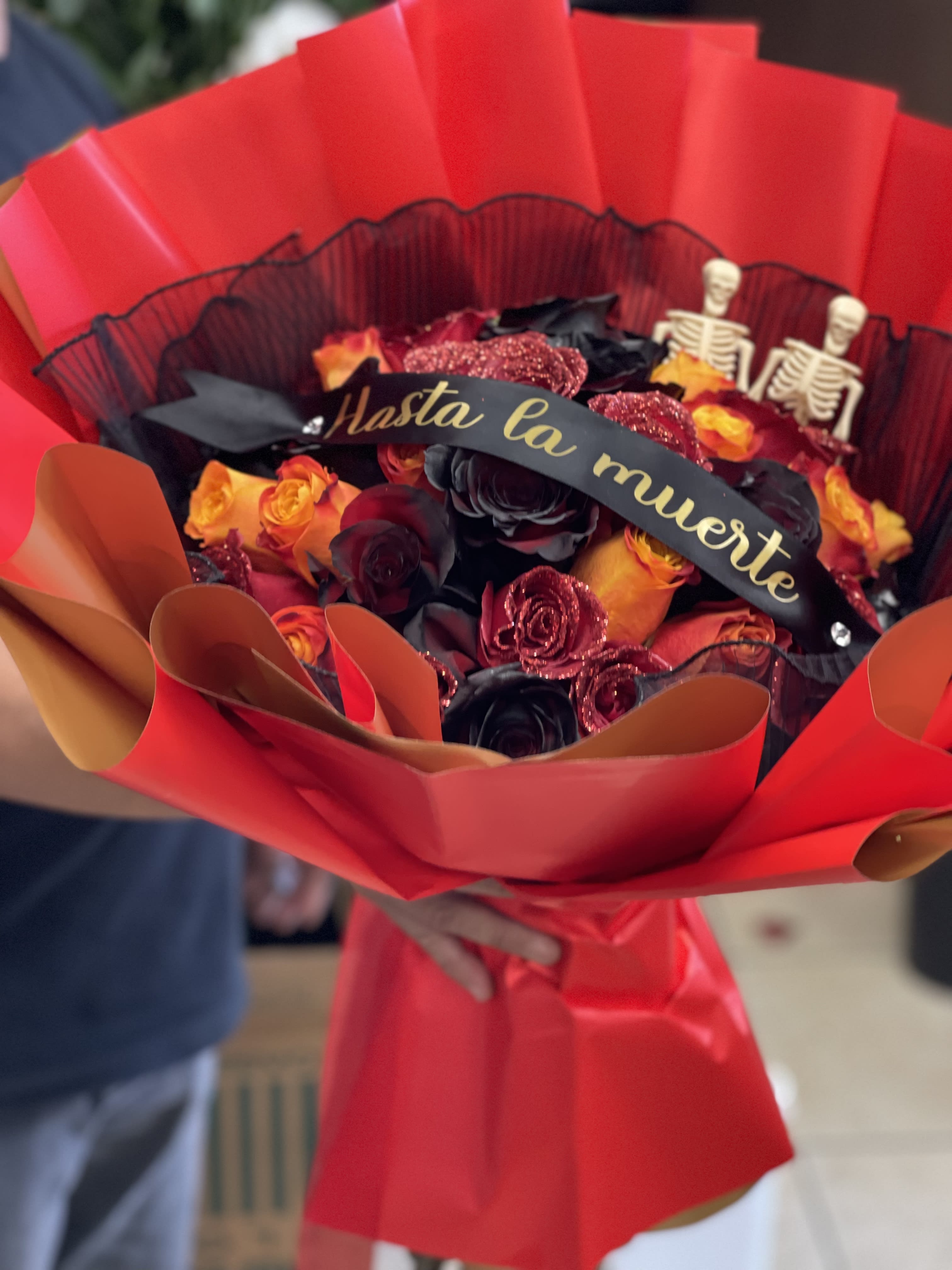 Forever in your Arms Bouquet  - 3 doz long stem roses in shimmering Halloween wrapped bouquet 