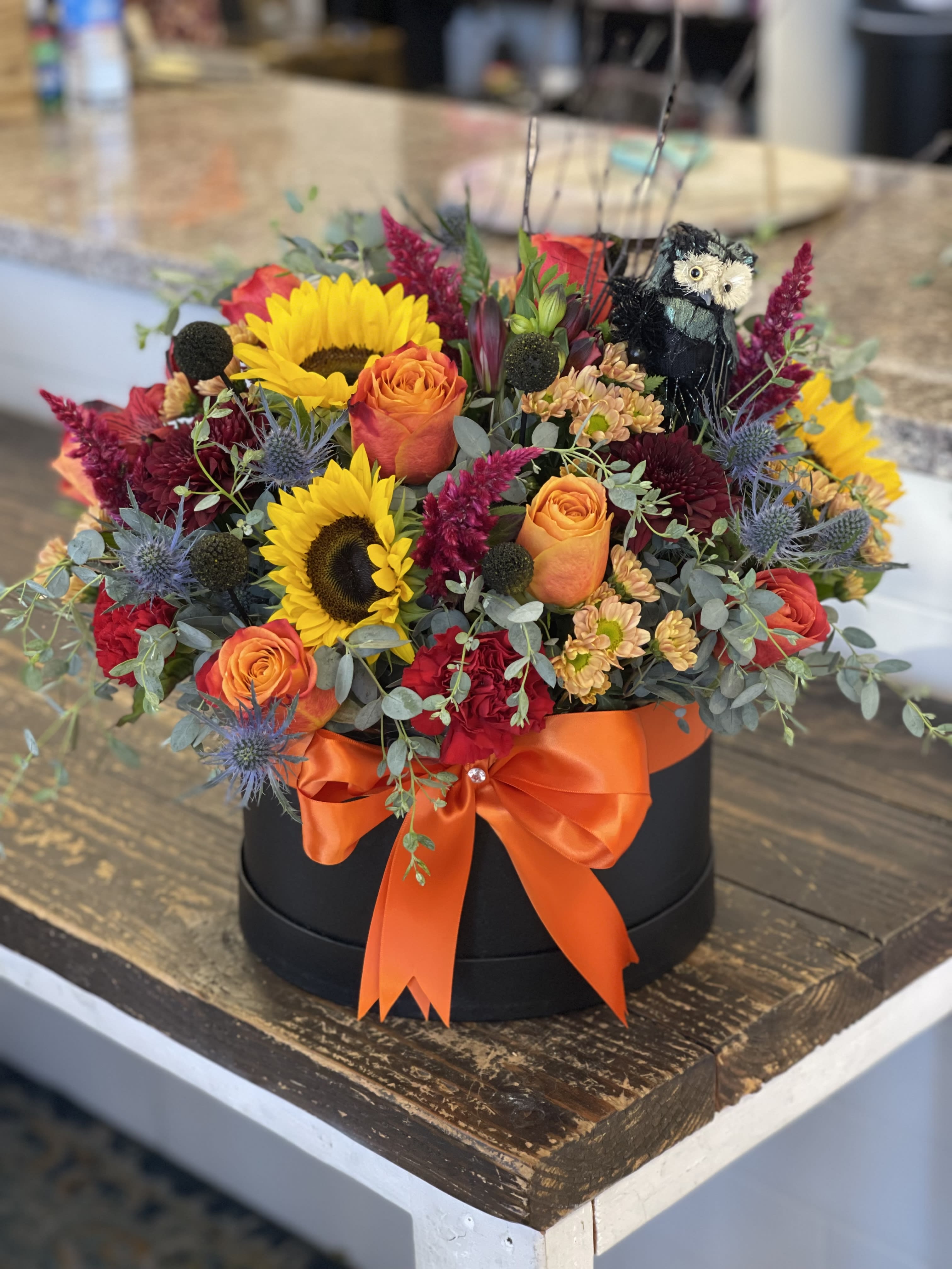 Spook and Boo Bouquet  - Send your special someone fall a modern flower arrangement in a box, The fun Halloween decoration or spirited fall floral decoration for the home or office can later be used. 