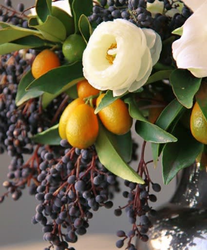 Unexpected Elements: Designer’s Choice Fresh Cut Arrangement - If you desire something unexpected, this arrangement is for you! Our design team will create a fresh-cut arrangement with unexpected seasonally-available elements: this could include local blackberries, kumquats, mini oranges, artichokes; among many more exciting things! Call us if a specific medium is desired, as this arrangement does depend on seasonal availability.