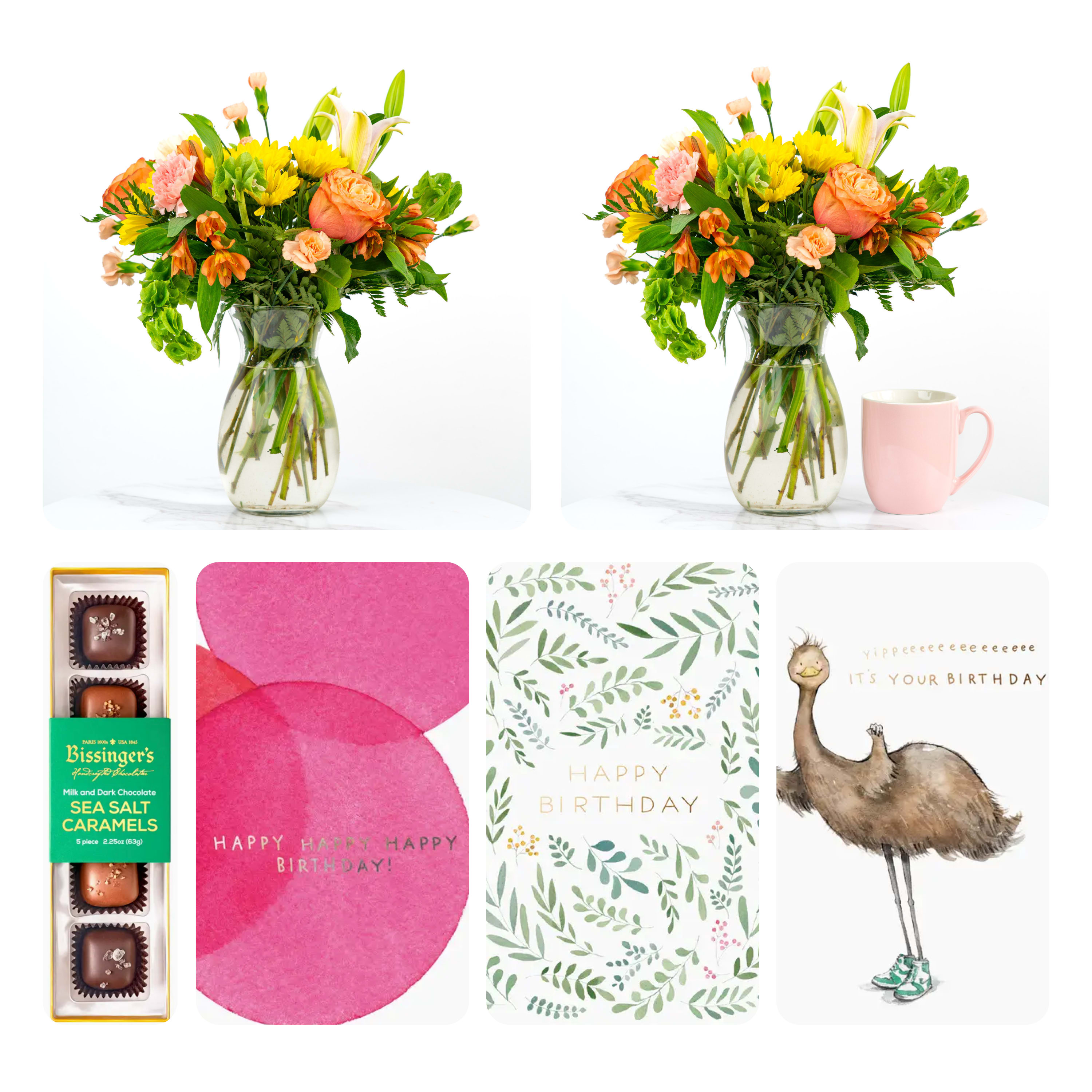 Birthday Blooms (a Schultz Floral Gift Set) - Make their day unforgettable with a cheerful floral arrangement, paired with hand-crafted chocolates and a handwritten birthday card. Thoughtful, elegant, and guaranteed to bring a smile, this is the perfect way to celebrate a Birthday in style.  This gift bundle includes: - One Designer's Choice Fresh Floral Arrangement - One 5 Piece Chocolate Gift Box. May Contain Allergens: Milk, Soy, Wheat, (and Tree Nuts in some varieties). - One handwritten birthday card (include a birthday message during check out); specific greeting card designs not guaranteed. 