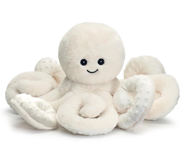 PLUSH WHITE OCTOPUS by Burton &amp; Burton - This super plush White Octopus is the most adorable creature. Young and old will enjoy the soft white octopus plush with eight long, curling arms. It has embroidered eyes and a mouth. The underside of each tentacle is textured with velour fabric with bumps. It's a good size for anyone to snuggle into.   18&quot;W X 18&quot;D, 8&quot; high sitting.  
