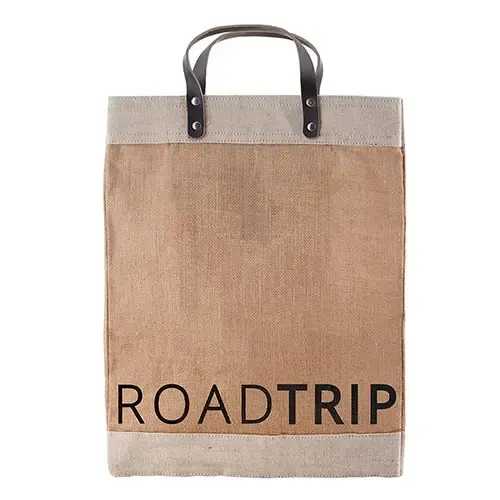 Add-On; Market Tote - Road Trip - Great size for a trip to the local market or a weekend getaway!  ·  Inside pocket for organization ·  Waterproof lining for accidental spills · Material: Jute/Genuine Leather/Polyurethane Lining · Size: 13&quot; W x 18&quot; H x 8&quot; D / Inside Pocket - 6&quot; W x 7&quot; H · Care Instructions: Spot Clean Only