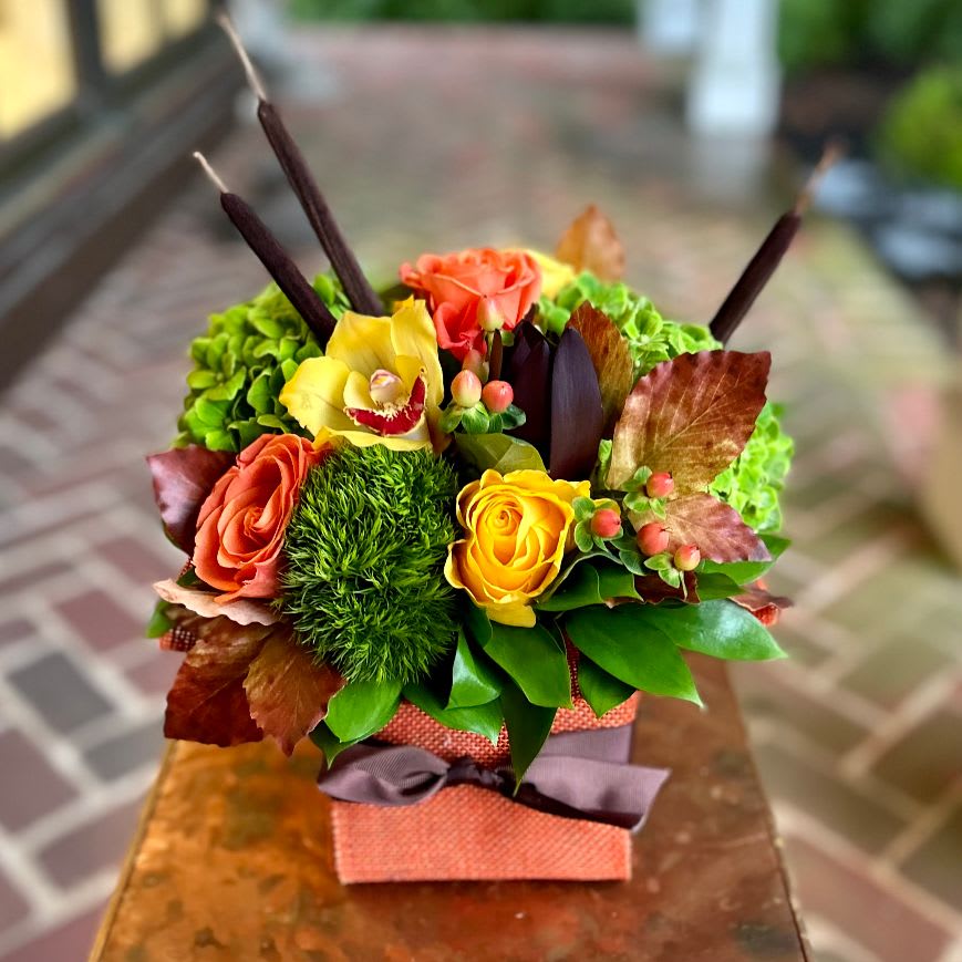 Amber Glow Amber Glow - Amber Glow | Wilmington, Delaware Florist Bring the beauty of autumn indoors with Amber Glow, a warm and inviting floral arrangement handcrafted by Petals Flowers and Fine Gifts in Wilmington, Delaware. This seasonal design features lush green hydrangea, playful green trichilium, vibrant orange and golden yellow roses, rustic cattails, and lifelike faux leaves. Styled in a burlap-wrapped cube vase, Amber Glow blends natural textures and glowing colors for a rustic yet refined presentation. Perfect as a fall centerpiece, a thoughtful gift, or seasonal décor for home or office, Amber Glow captures the cozy charm of autumn in every detail. Its mix of fresh blooms and autumn accents makes it an ideal arrangement for Thanksgiving gatherings, birthdays, anniversaries, or simply sending warmth to someone special. As your trusted local florist in Wilmington, Delaware, Petals Flowers and Fine Gifts specializes in luxury floral designs with premium, hand-selected flowers. We proudly offer same-day, tax-free flower delivery throughout Wilmington, Hockessin, Newark, Chadds Ford, Glen Mills, Kennett Square, and surrounding areas. Every arrangement is designed with care to ensure it arrives fresh, beautiful, and ready to brighten the day. Why Choose Petals Flowers and Fine Gifts? * Custom, seasonal floral designs with premium blooms * Locally owned florist in Wilmington, Delaware with personal service * Same-day, tax-free flower delivery to local homes, businesses, and event venues