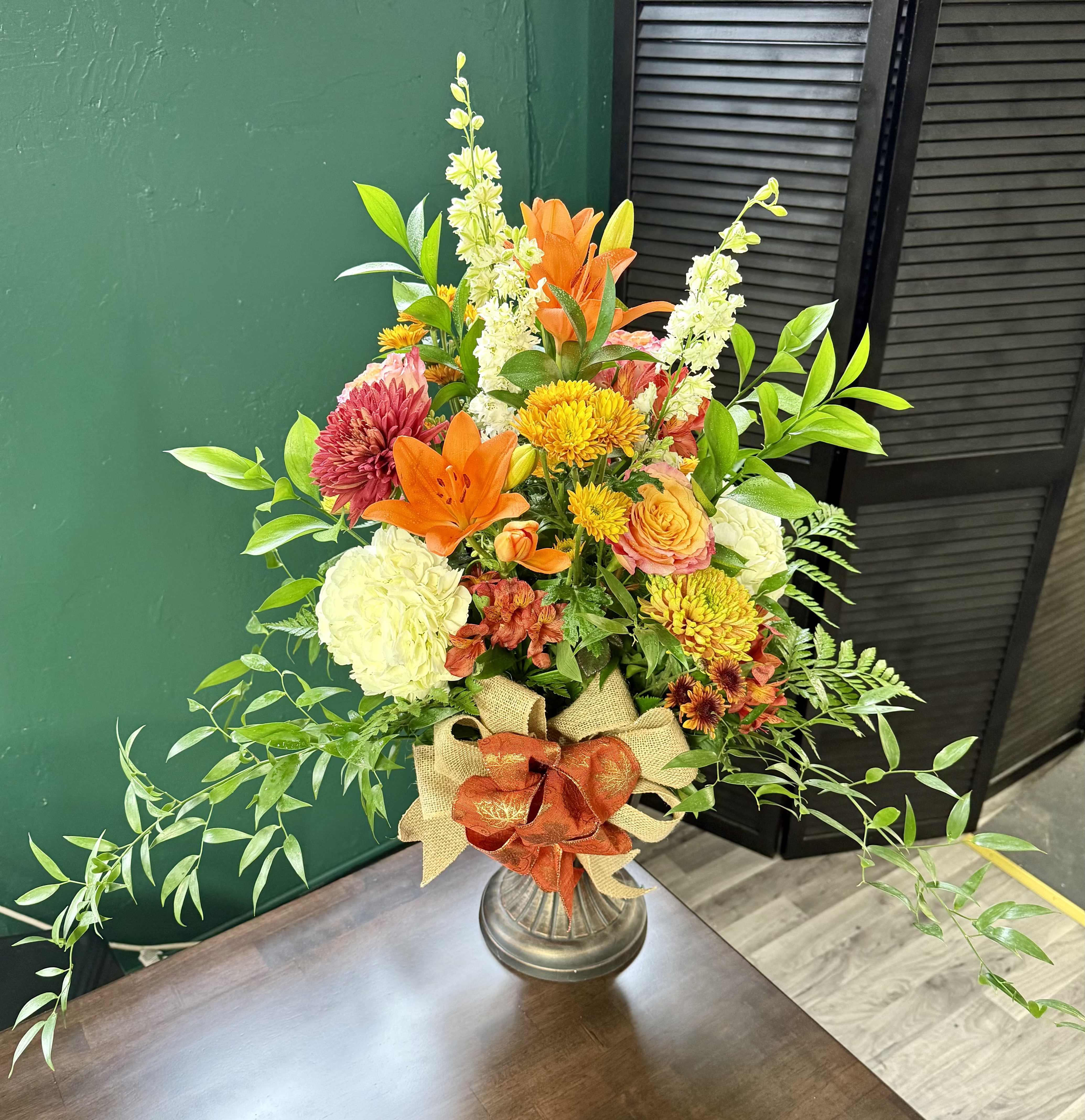 Fall Daze - Larger arrangement with free-spirit roses, hydrangeas, lilies, white larkspur, chrysanthemums, ruscus, alstroemeria 