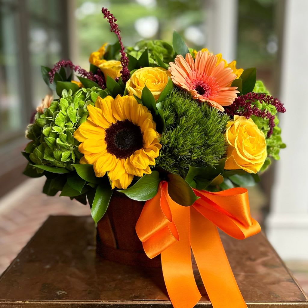 Basket of Sunflowers - Basket of Sunflowers | Wilmington, Delaware Florist  Bright, cheerful, and full of charm, Basket of Sunflowers is a joyful floral arrangement handcrafted by Petals Flowers and Fine Gifts in Wilmington, Delaware. This radiant design features golden sunflowers, sunny yellow roses, soft peach gerber daisies, lush green hydrangea, and textured green trichilium. Artfully arranged in a classic basket and finished with an elegant orange satin ribbon, Basket of Sunflowers brings a burst of warmth and happiness to any occasion. Perfect for birthdays, get-well wishes, thank-you gifts, or simply brightening someone’s day, Basket of Sunflowers captures the beauty of fresh blooms in a design that feels both timeless and uplifting. Its cheerful mix of colors and textures makes it a versatile gift for any home, office, or celebration. As your trusted local florist in Wilmington, Delaware, Petals Flowers and Fine Gifts takes pride in delivering fresh, handcrafted floral arrangements designed with premium blooms. We offer same-day, tax-free flower delivery throughout Wilmington, Hockessin, Newark, Chadds Ford, Glen Mills, Kennett Square, and nearby communities, ensuring your flowers arrive fresh and full of beauty. Why Choose Petals Flowers and Fine Gifts? * Handcrafted floral designs with the highest quality flowers * Family-owned Wilmington, Delaware florist offering personal service * Same-day, tax-free flower delivery to homes, businesses, and event venues