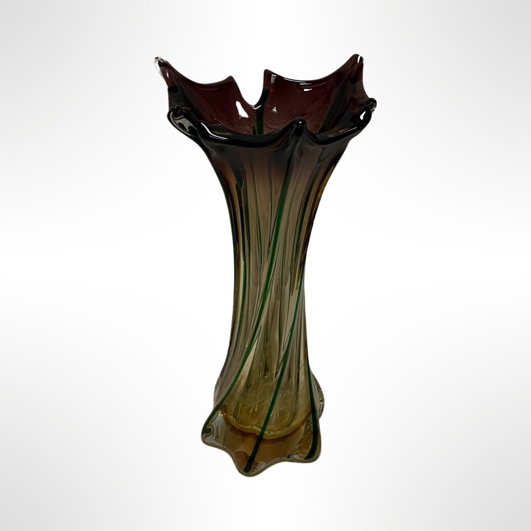 20th Century Italian Murano Artistic Glass Red Tall Vase, 1960s - Elevate your space with this exquisite Murano art glass vase, a true masterpiece of 1960s Italian craftsmanship. Expertly handcrafted using the submerged glass technique, this high-quality piece features a stunning gradient effect—transitioning from warm amber at the base to a deep, rich red at the top, creating a mesmerizing flame-like appearance.  The vase’s elegant, ribbed exterior enhances its refined silhouette, which gracefully extends upward, opening like a delicate petal. A testament to Murano’s artistry, this rare and sophisticated design makes it a captivating statement piece for any collection.  Call for shipping outside Los Angeles Area