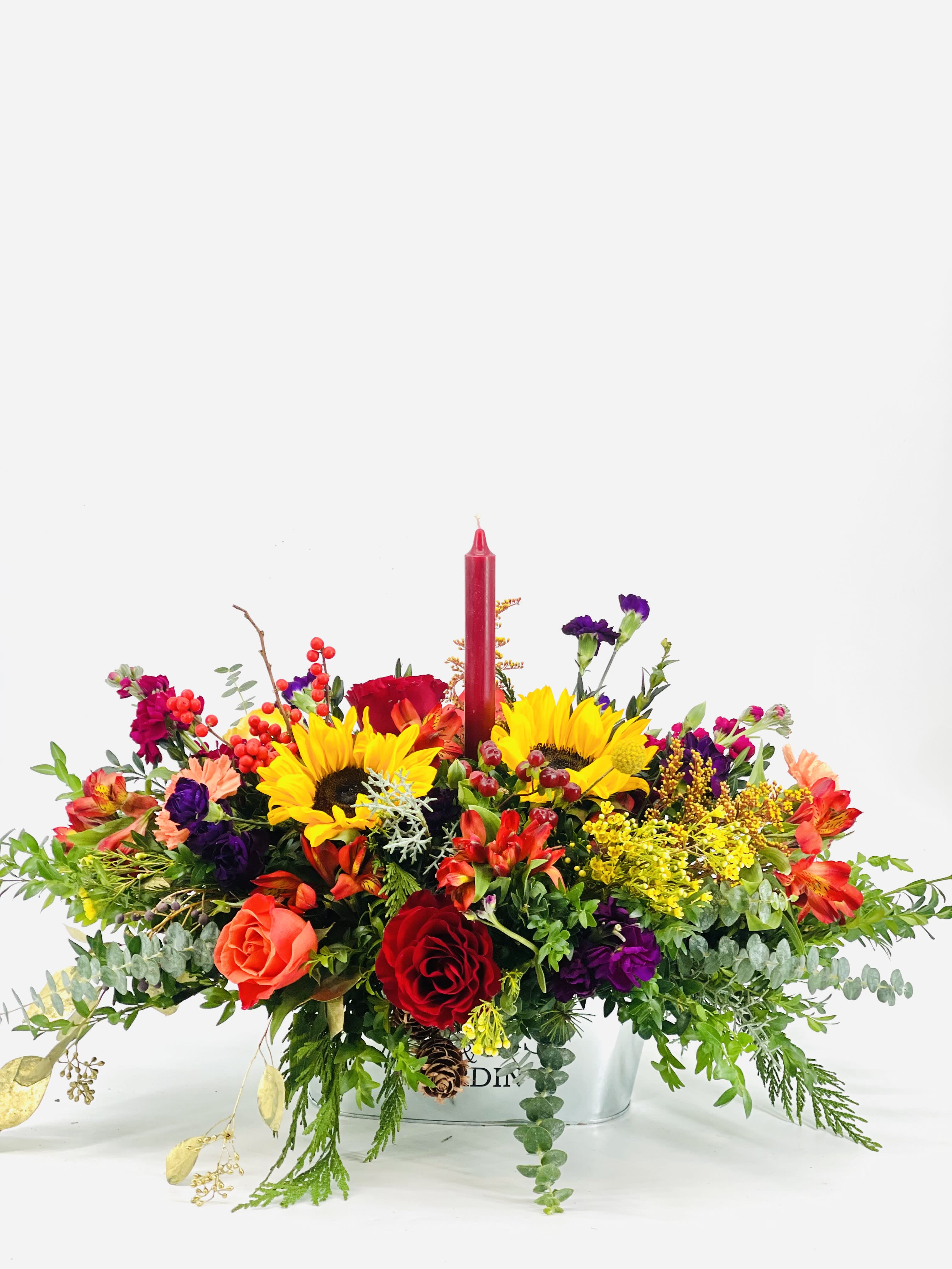 Thanksgiving Joy - Great as a centerpiece. These flowers will brighten up your evening! Colors and types of flowers can be adjusted.Can be different colors ,by your request .