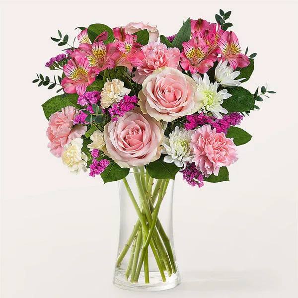 Bubblegum Bouquet  - Whether you are celebrating or simply lifting spirits, the playful pink florals of the Bubblegum Bouquet will do the trick. Details Designed by florists, ready to display. For long–lasting blooms, replace the water daily. We suggest trimming the stems every couple days. Pet Safety Precautions: This bouquet or plant may include flowers and foliage that are known to be toxic to pets. To keep them safe, be sure to keep this arrangement out of your pet's reach.