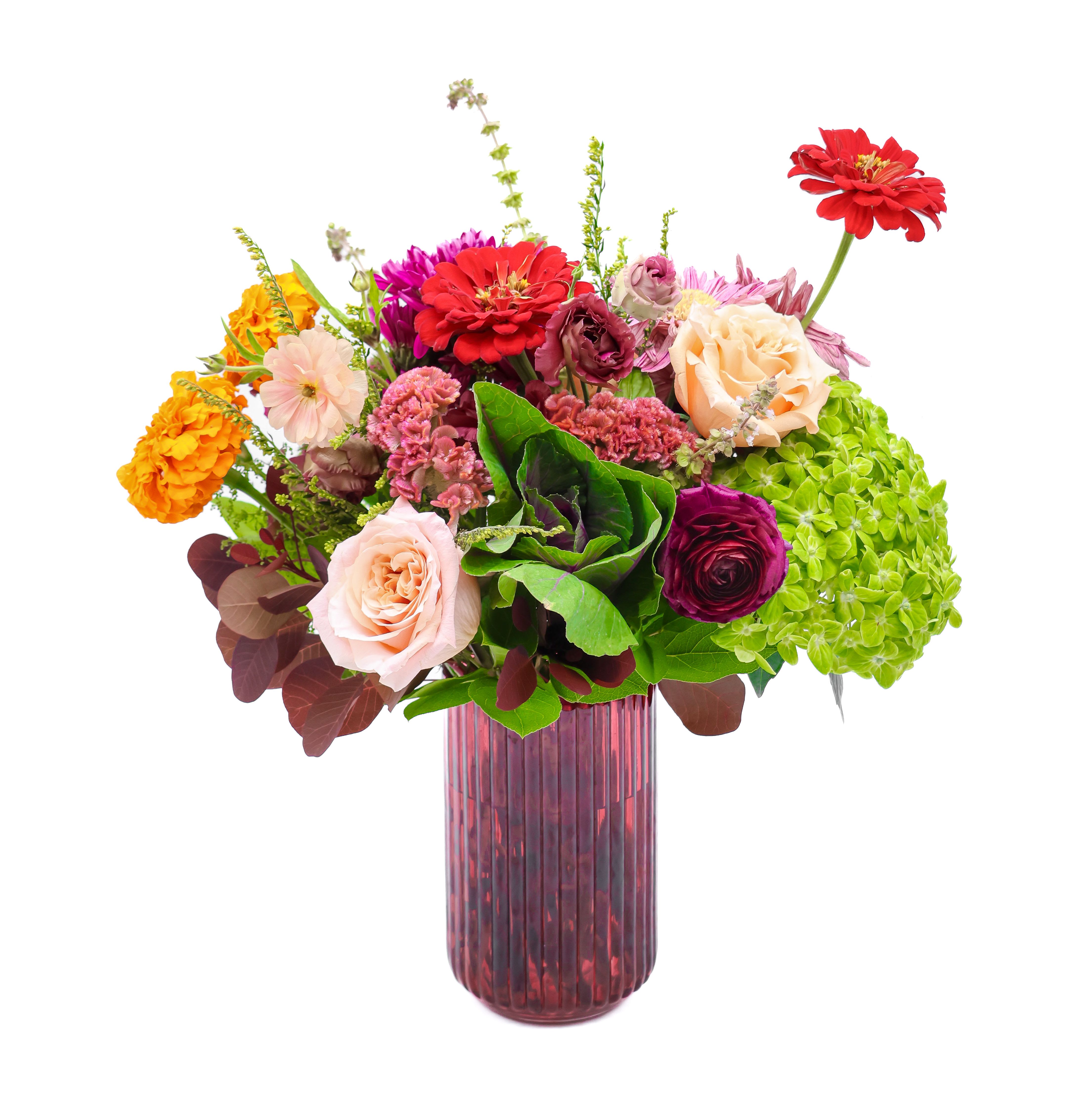 Fallin' For You - Show your love this fall season with a fall seasonal mix. Will be created in any of the following assorted fall colored vases (red, orange, yellow, green). 