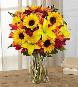 Sunflowers, Lilies, Mums - Vase of bright and cheerful sunflowers, lilies, mums