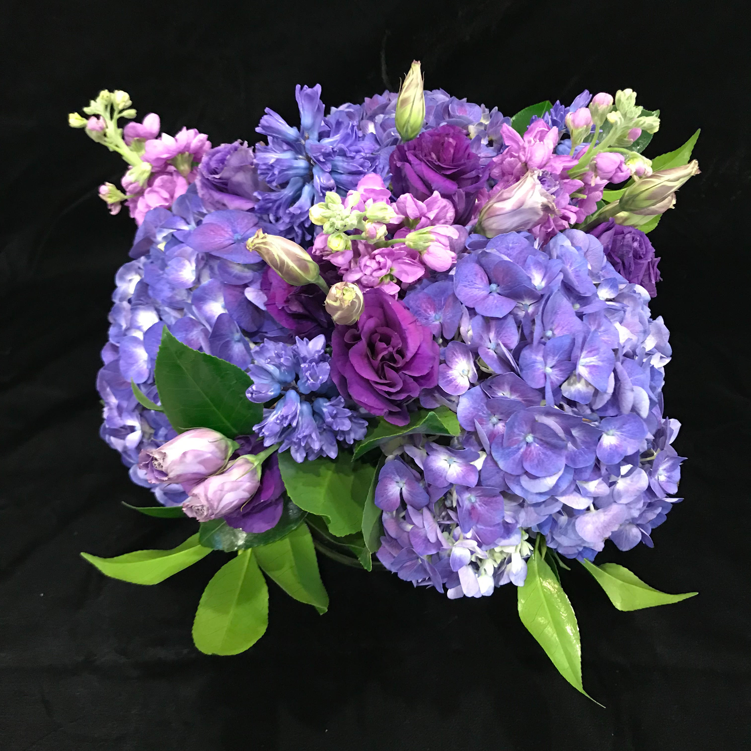Purple Passion - A passionate mix of purple hydrangea, lisianthus, stock and hyacinth. SUBSTITUTIONS WILL BE MADE IF CERTAIN FLOWERS ARE NOT AVAILABLE