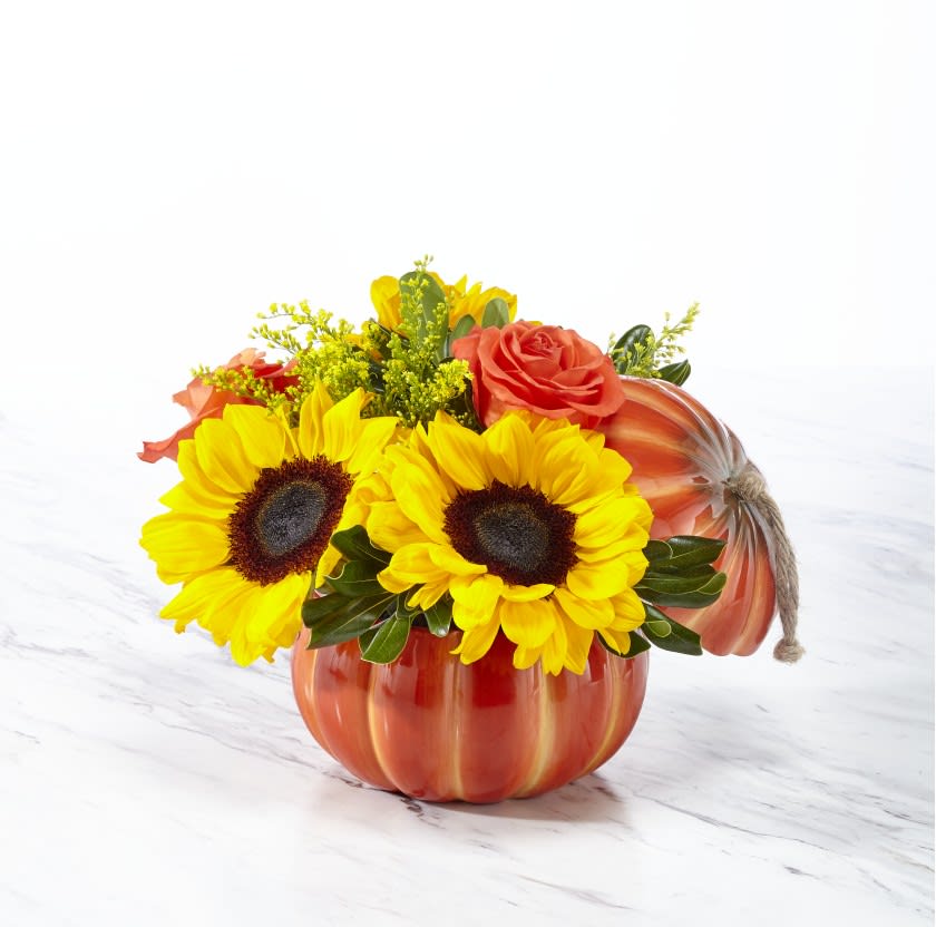 Bountiful Bouquet or similar - Great autumn keepsake container with sunflowers and roses! This year's pumpkin does not have a lid, but arrangement will be similar.