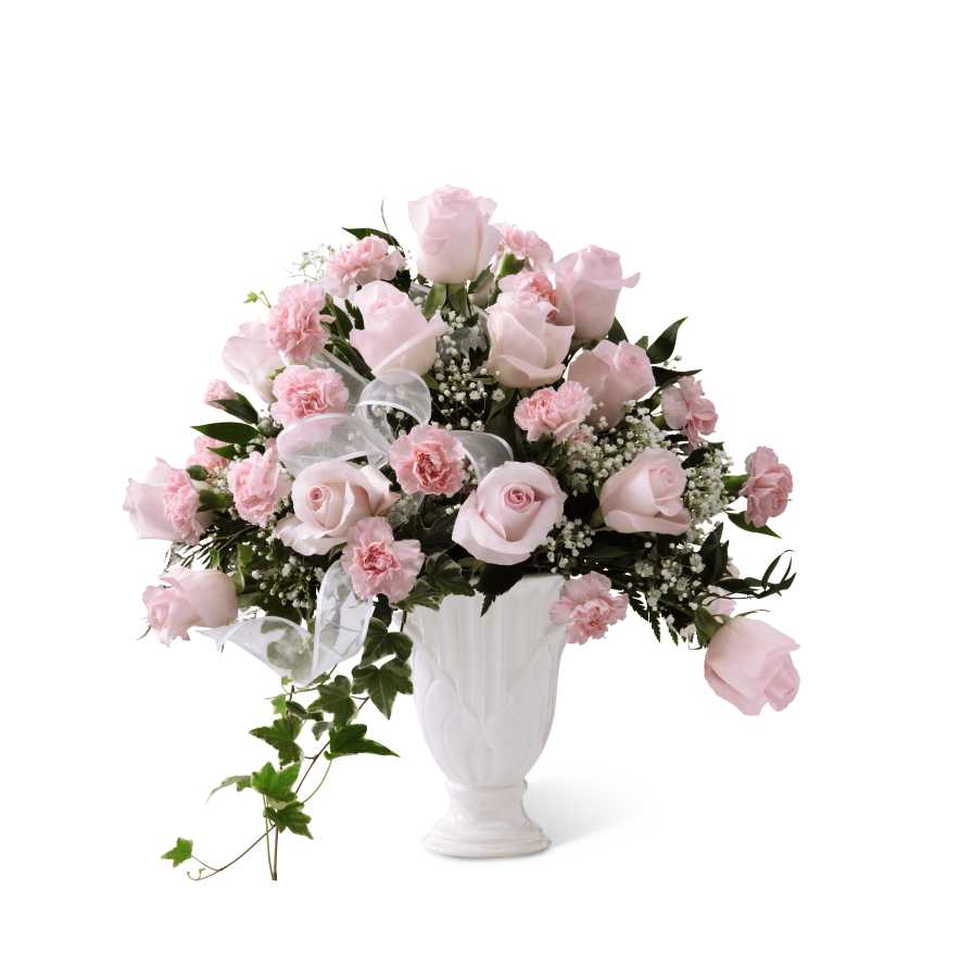 Deepest Sympathy Arrangement Deepest Sympathy Arrangement - Pale pink roses and pink carnations , baby's breath, lush greens, and sheer ribbon, gorgeously arranged in a designer white pedestal vase