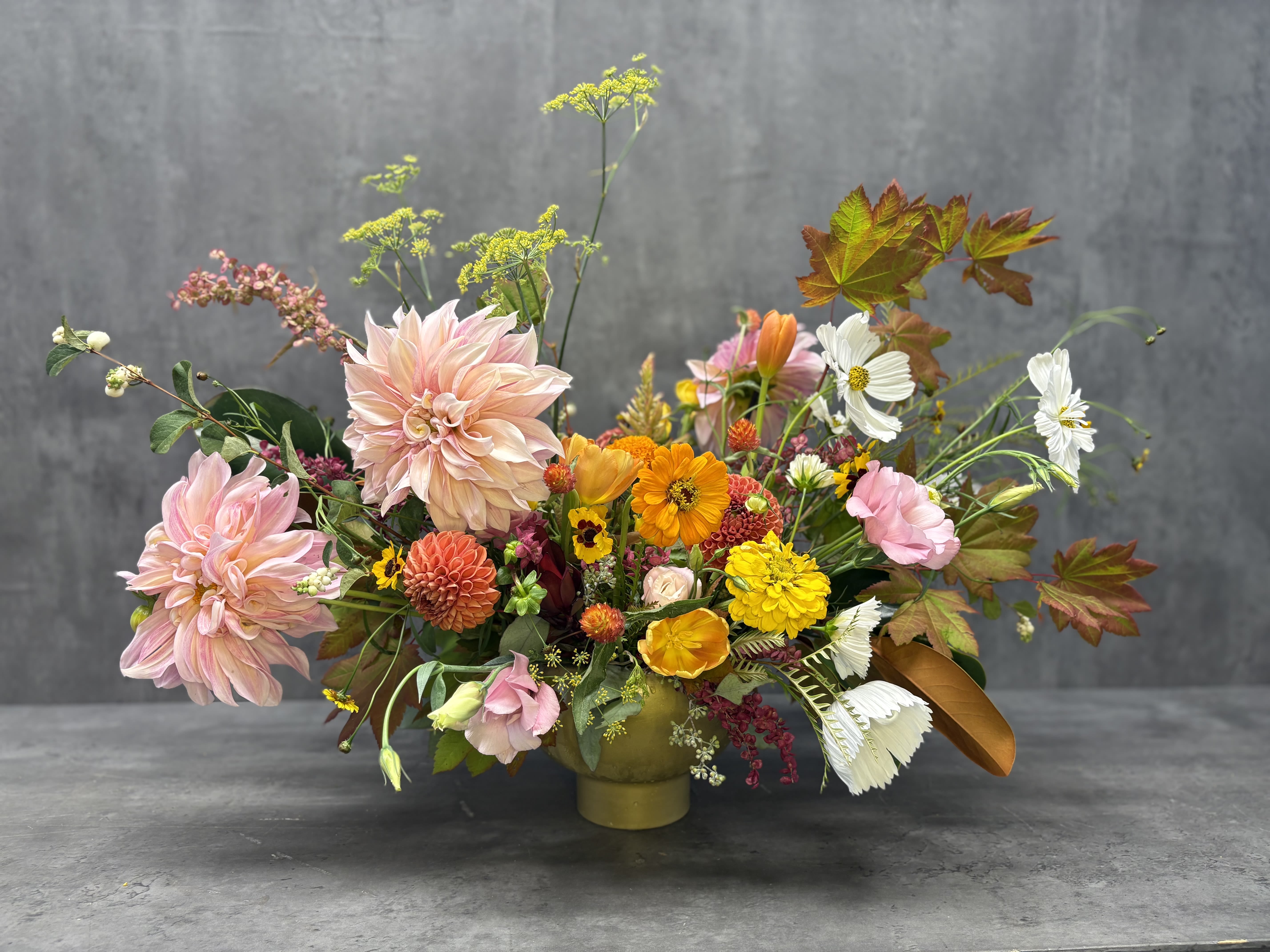 Blushing Harvest Blushing Harvest - This beauty features the best of Fall, while keeping the whimsey charm. ***flowers will vary based of availability, overall feel and color will remain the same***