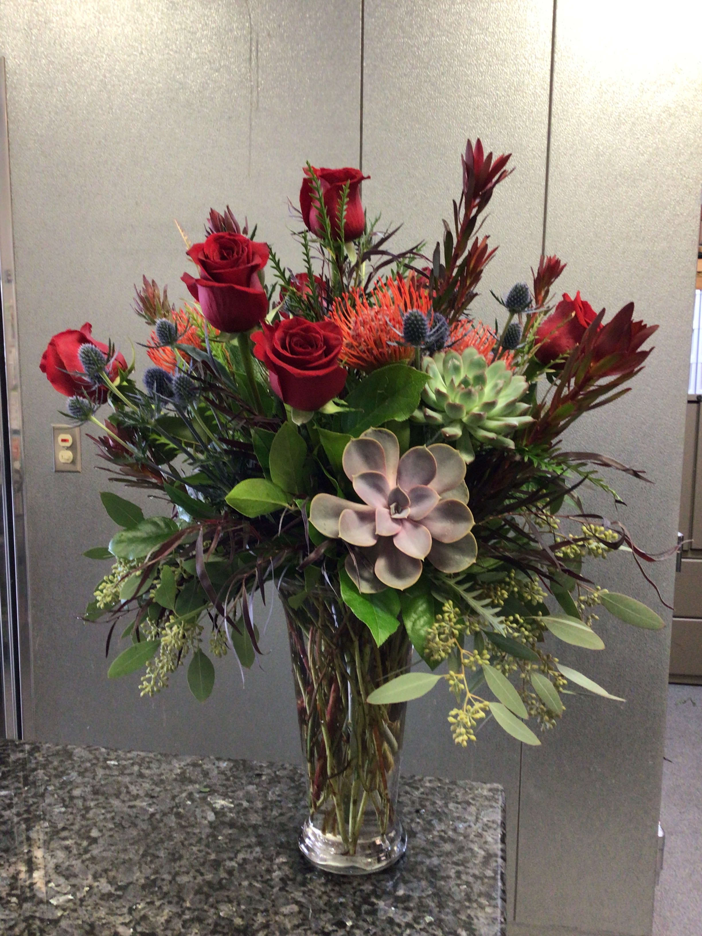 Tall Sunset Love w/ Succulent Tall Sunset Love w/ Succulent - Tall Tapered Glass Vase with Bright Colors and a Desert Vibe.