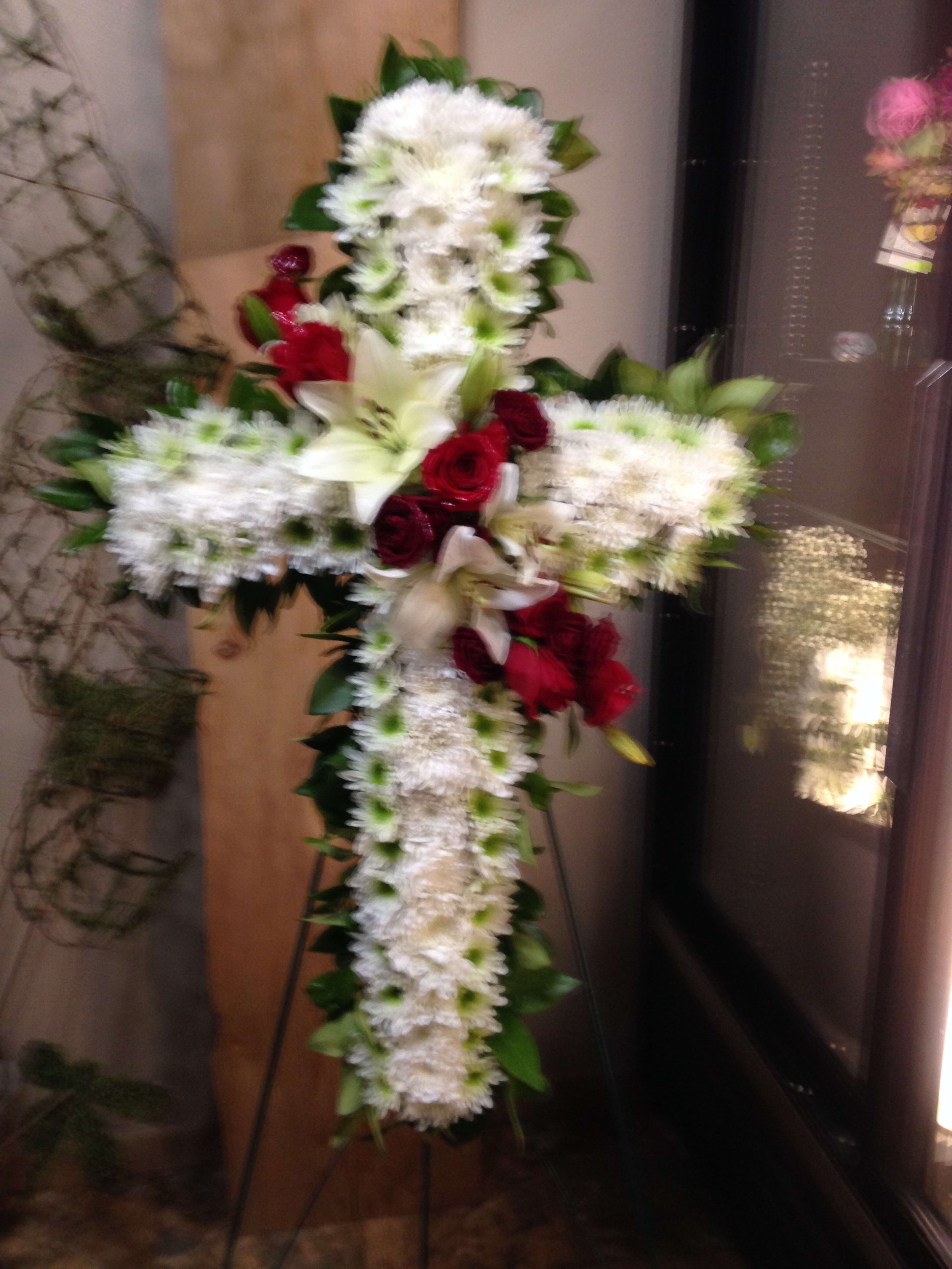 memorial Cross - Roses ,chrysanthemums  Greens  available in other . please allow 7 days before date needed.
