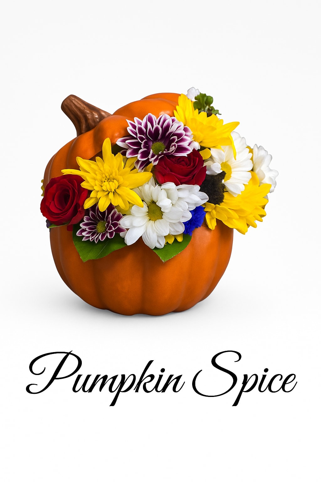 Pumpki Spice Pumpki Spice - A beautiful fall pumpkin designed with Sunflowers,Daisies in a variety of colors and red roses. Container comes with lid attached.