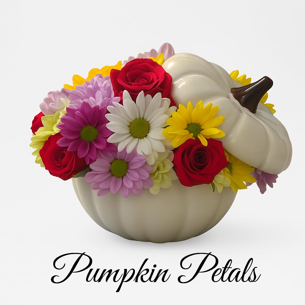 Pumpkin Petals Pumpkin Petals - A charming seasonal centerpiece bursting with color and cheer. This keepsake white ceramic pumpkin is filled with a lively mix of fresh blooms, including radiant red roses, sunny yellow daisies, soft lavender and pink mums, and crisp white daisies. Perfect for brightening up a table, gifting to a loved one or adding a festive touch to your home decor.