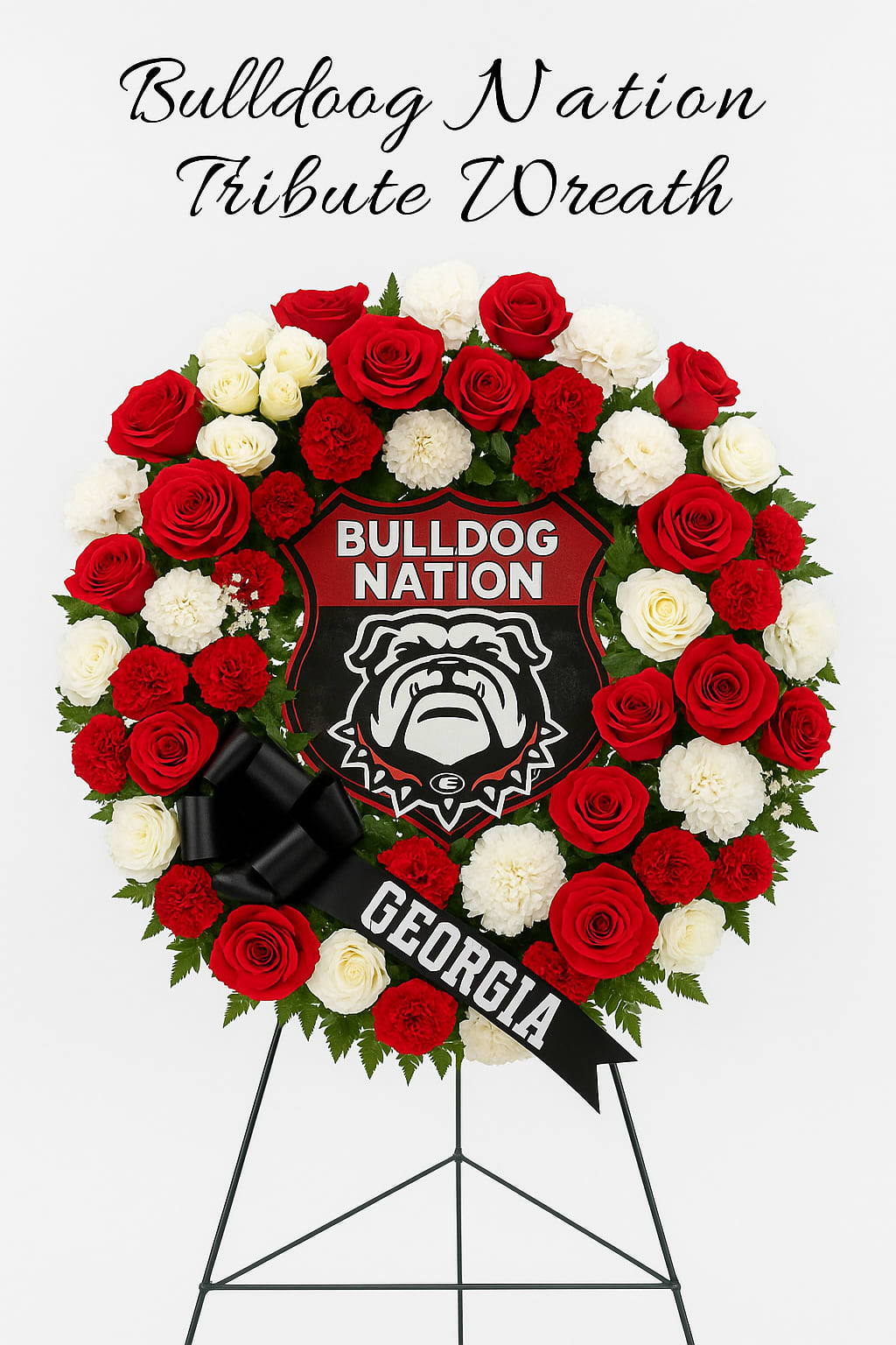 Bulldog Nation Tribute Wreath Bulldog Nation Tribute Wreath - Celebrate a true Bulldog spirit with our Bulldog Nation Trubute Wreath. This string sympathy wreath is adorned with lush red and white roses, canations and hydrangea and delicate baby's breath all framed in rich greenery. At the heart is the bold "Bulldog Nation sign accented with Georgia Bulldogs ribbon and bow making it a meaningful tribute that combines school pride with heartfelt remembrance.