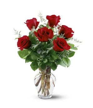 Six Roses Arranged Six Roses Arranged - Six gorgeous red roses arranged into a glass vase with your choice of basic greenery or fancy filler.