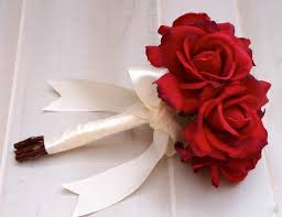 Red Rose Bridal Bouquet - All round rose bouquet. Use for a bride or a bridesmaid. With accenting bridal satin ribbon of choice.
