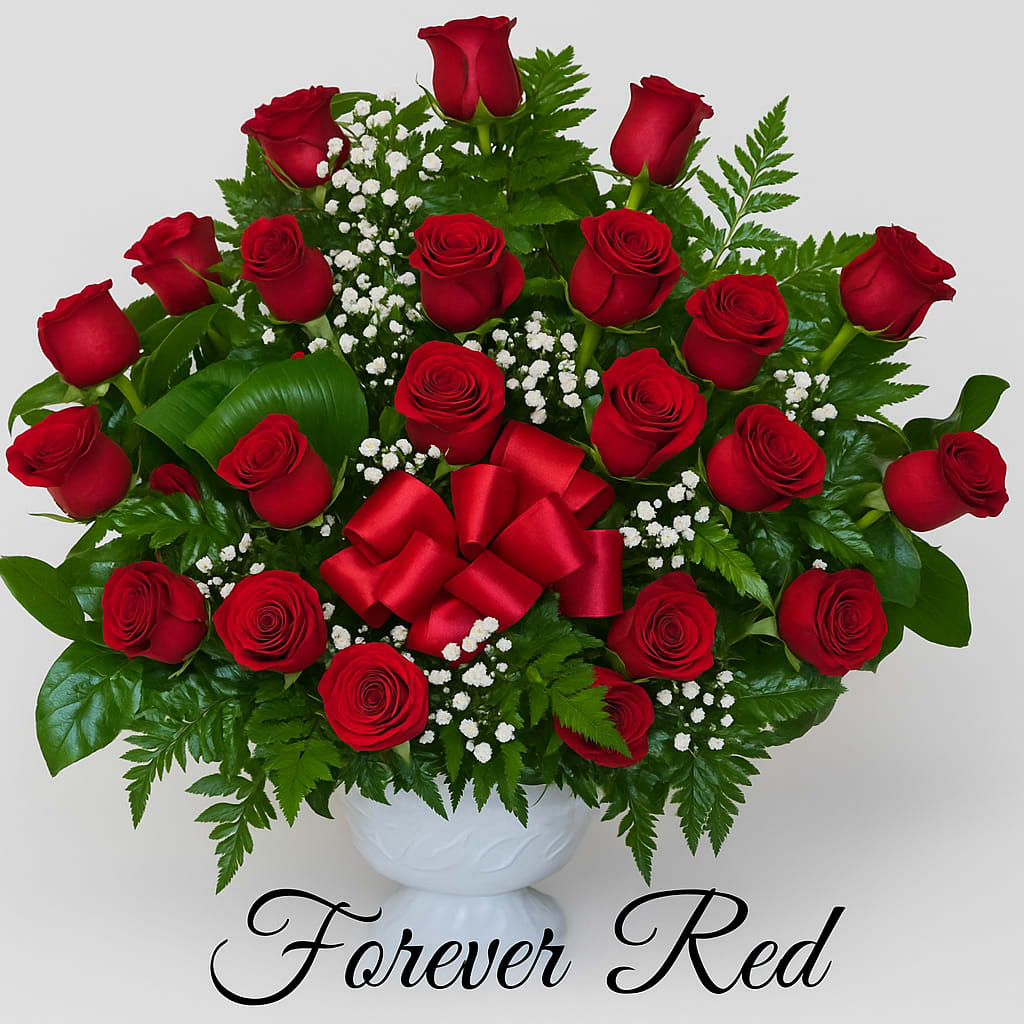 Forever Red Forever Red - A red roses tribute- Over two dozen radiant red roses arranged with lush greenery and baby's breath. A timeless expression of love and remembrance.