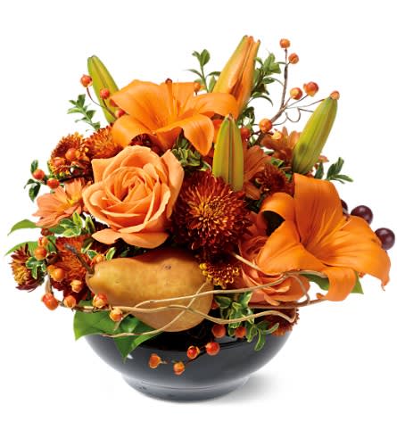 Enchanted Orchard - Crisp air and early afternoon outings. Remind them of fall's simple pleasures with this orchard flower arrangement, complete with orange lilies, woodsy willow and a pear.     A black, bowl-shaped jardiniÃ¨re showcases Asiatic lilies, roses, spray chrysanthemums, a pear and assorted accents. Approximately 12&quot; (W) x 11&quot; (H) 