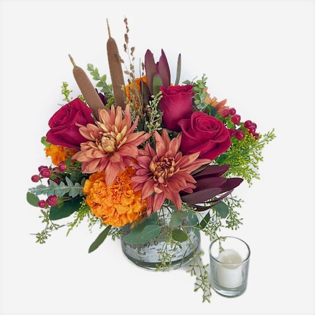 Harvest Moon Harvest Moon - This arrangement features both the richness and earthiness of the season. Long lasting bronze mums, rich red roses, vibrant marigolds, long lasting safari sunset leucadendron, fun yellow solidago, deep red berries, eucalyptus, cattails, and a birch wrapped vase! All the fall!!