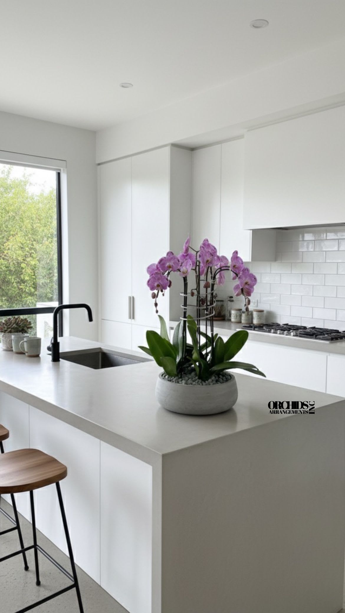 Flourish Orchids Arrangements Miami - A high quality Four pink orchids arrangement with a vase 12.5&quot; D X 5&quot; T. An orchids arrangement deliver for any occasion design with fresh natural real beautiful Phalaenopsis cascade orchids plants minimalist decor.
