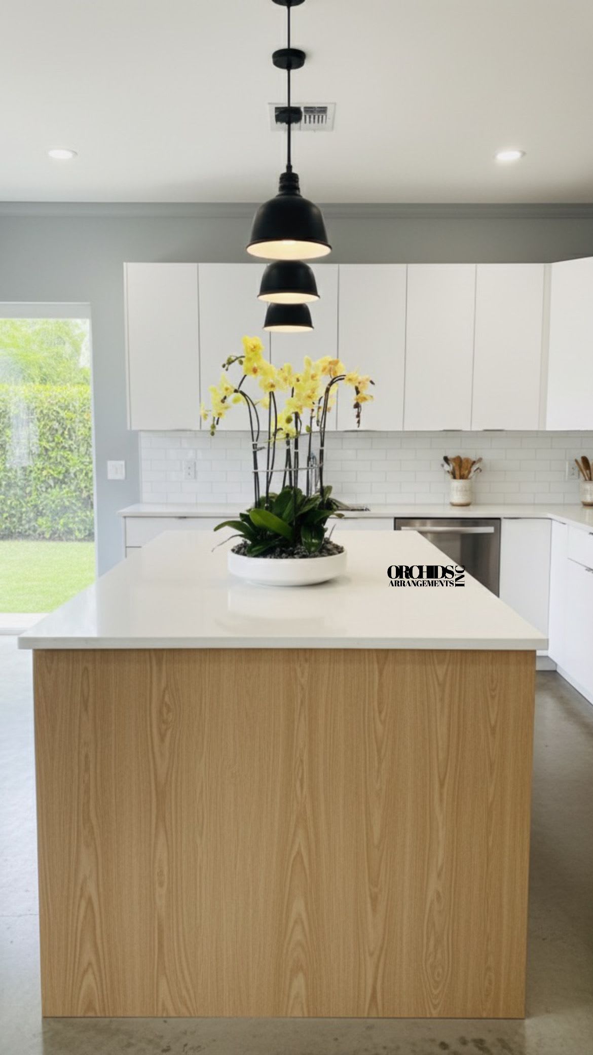 Abundant Orchids Arrangements Miami - A high quality Six yellow orchids arrangement with a vase 15.5&quot; D X 4.25&quot; T. An orchids arrangement deliver for any occasion design with fresh natural real beautiful Phalaenopsis cascade orchids plants minimalist decor. 