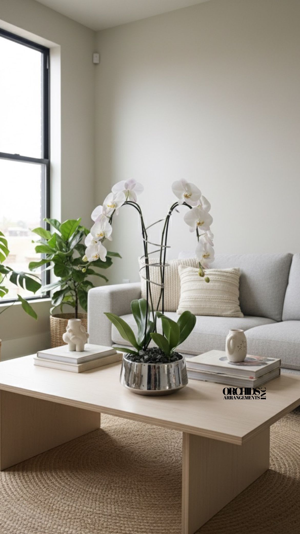 Modern Orchids Arrangements Miami - A high quality Double white orchids arrangement with a vase 9&quot; D X 4.5&quot; T. An orchids arrangement deliver for any occasion design with fresh natural real beautiful Phalaenopsis cascade orchids plants minimalist decor.