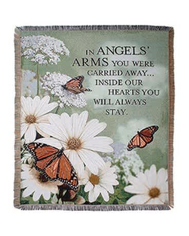 Angels' Arms Woven Throw - The Angels' Arms woven throw is displayed on an easel with a bow to the funeral home, or in a gift bag to the home. The woven throw is 50&quot; x 60&quot; and includes the message &quot;In angels' arms you were carried away...inside our hearts you will always stay.&quot;