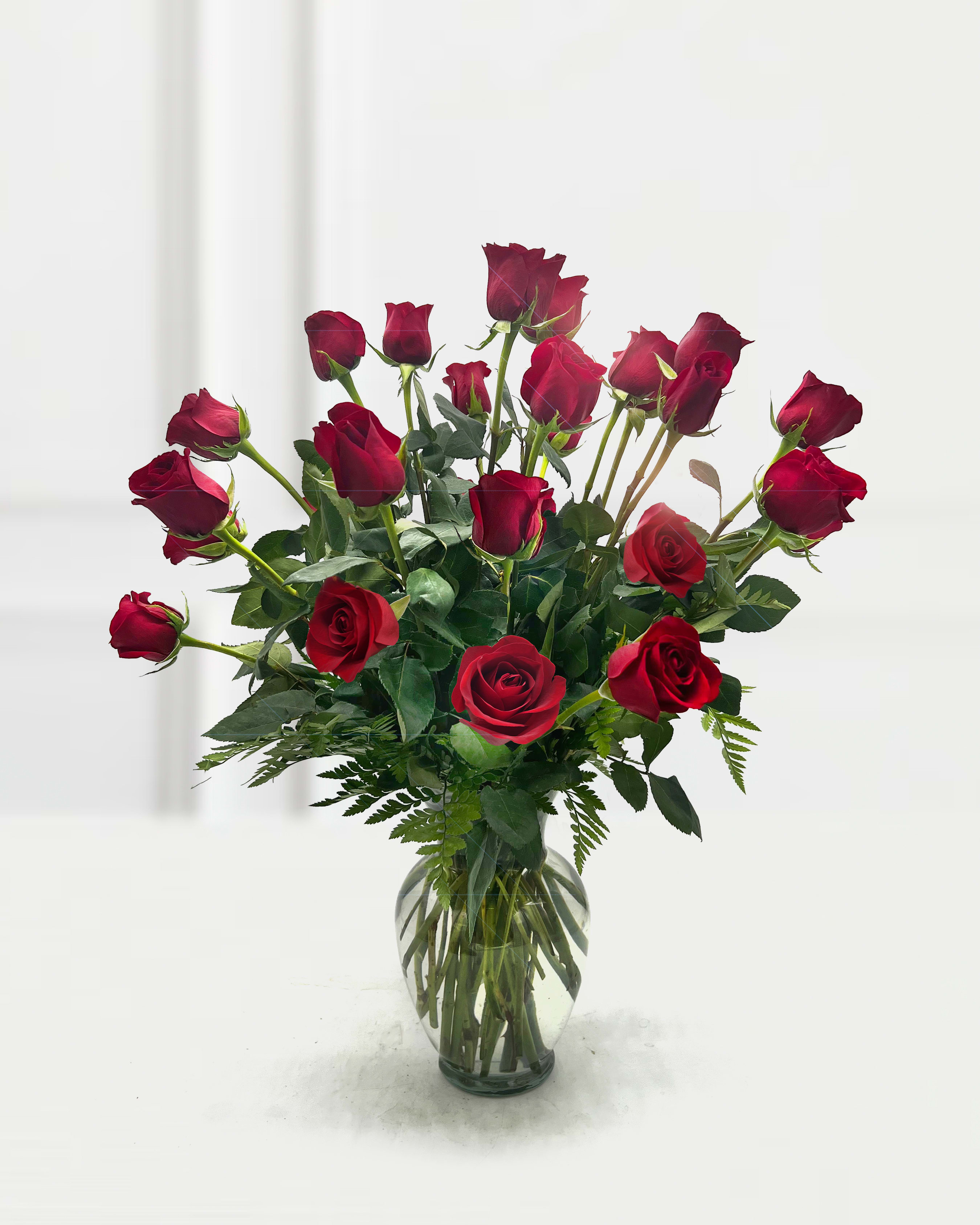 Two Dozen Red Rose Bouquet - Stunning long stem red roses designed in a sweetheart vase