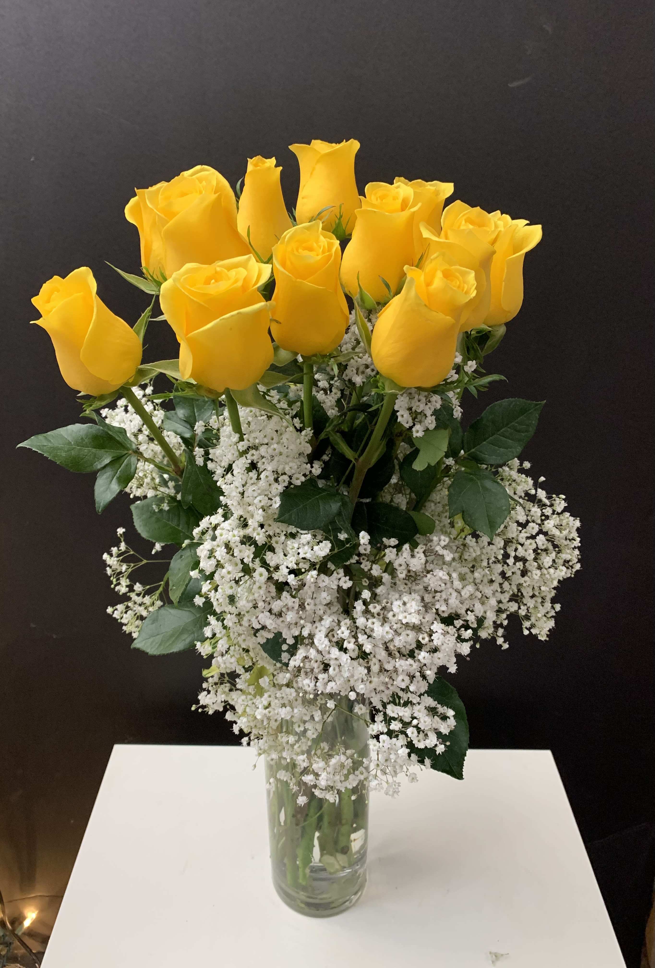 Dozen Yellows  - Dozen yellow Roses in tall glass vase 
