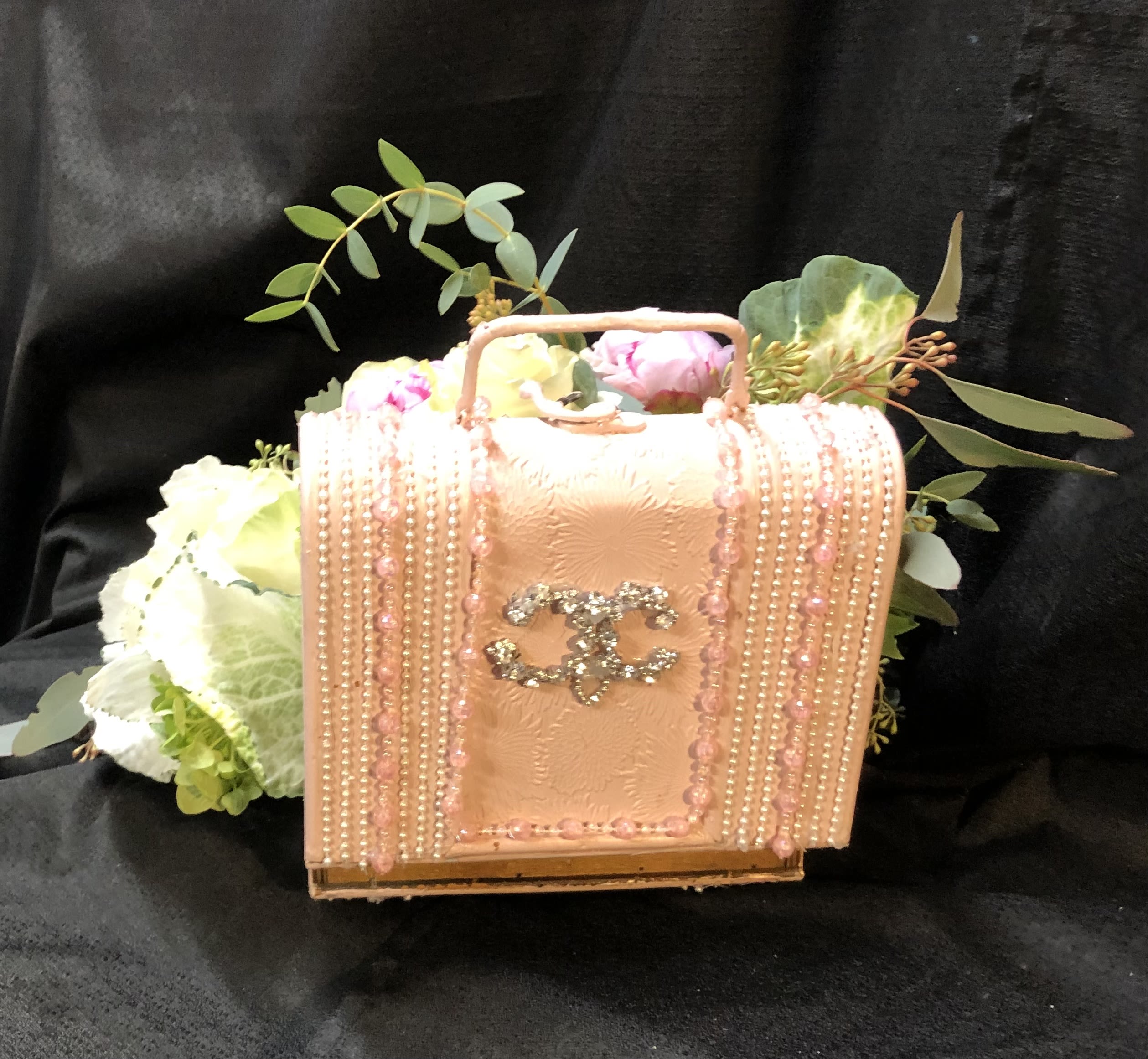 Coco Purse - Hand crafted pearls and rhinestone accessories, on a painted bamboo purse. Unique. Fill it with beautiful pinks and green flowers.