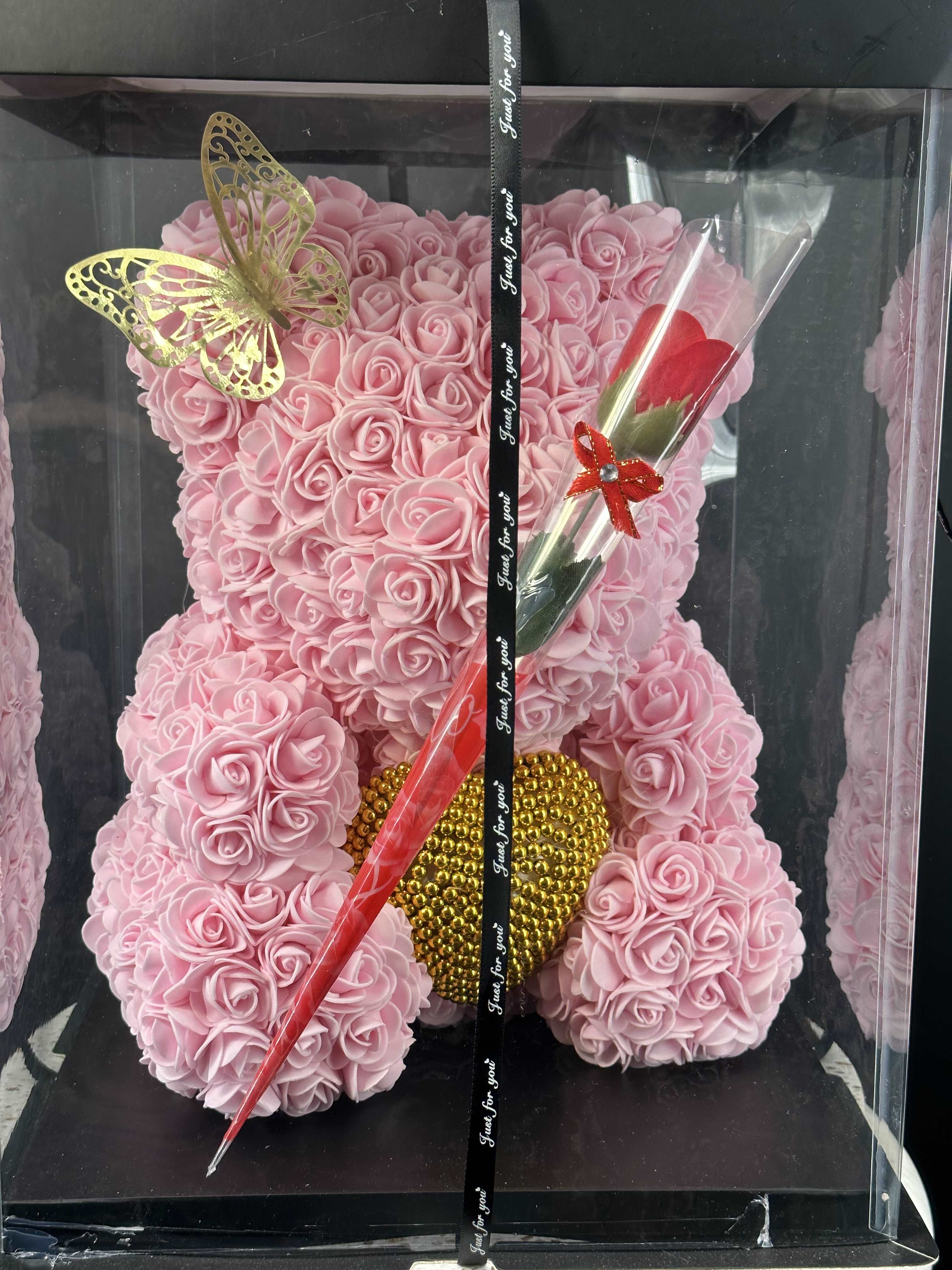 BE mine  XL  -  a Rose Flower Bear the most elegant and unique gift. These cute Teddy Bear are made with over 550 foam roses and are the great gift for anyone close to your heart .The petal have very soft texture color variants of your choice ,each of them is handmade with love and care !    update  to deluxe or premium with chocolate ,candle and  flowers. Please see the pictures . Send this amazing surprise today!!! 