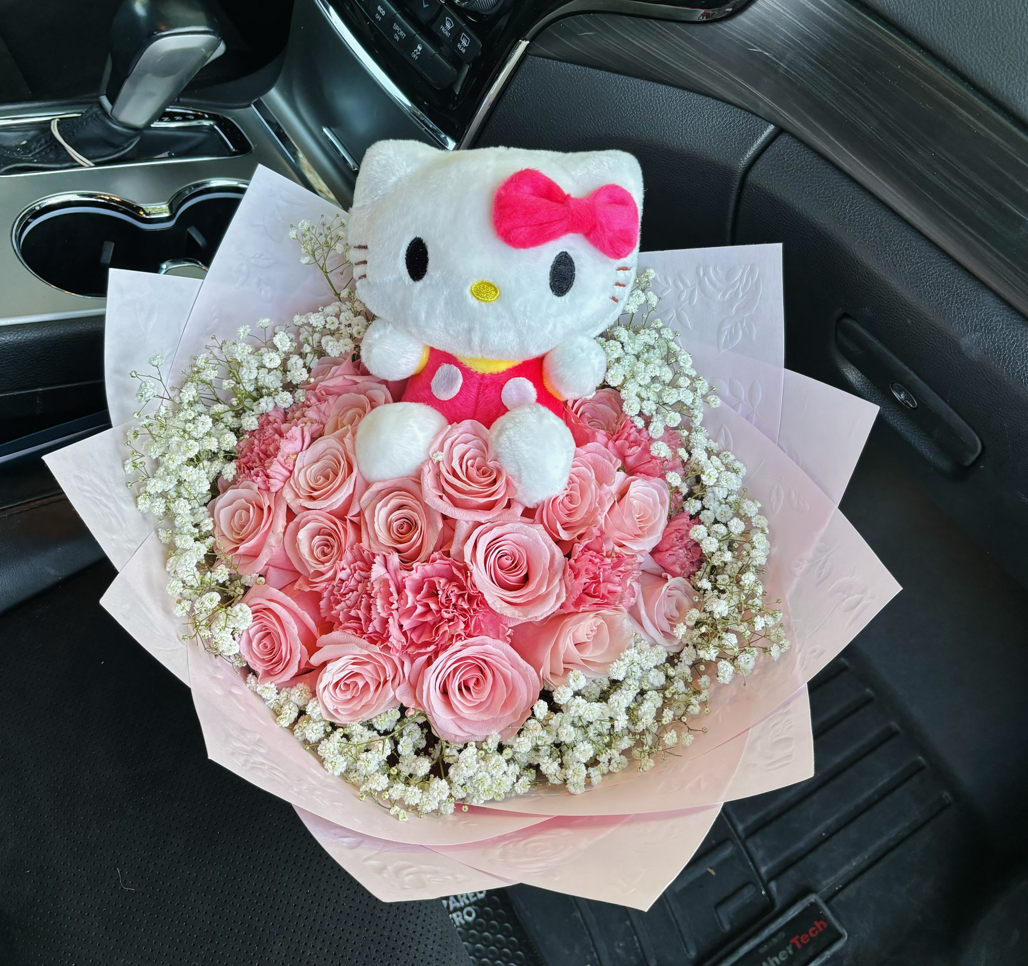 Kitty Plushie Rose Bouquet - Pink toned bouquet with kitty plushie, pink roses, pink carnations &amp; baby breath rim 
