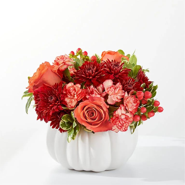 Autumn Air Pumpkin Bouquet - Like a breath of crisp, fall air, this bouquet is a delight to the senses featuring burnt orange and rich red stems.